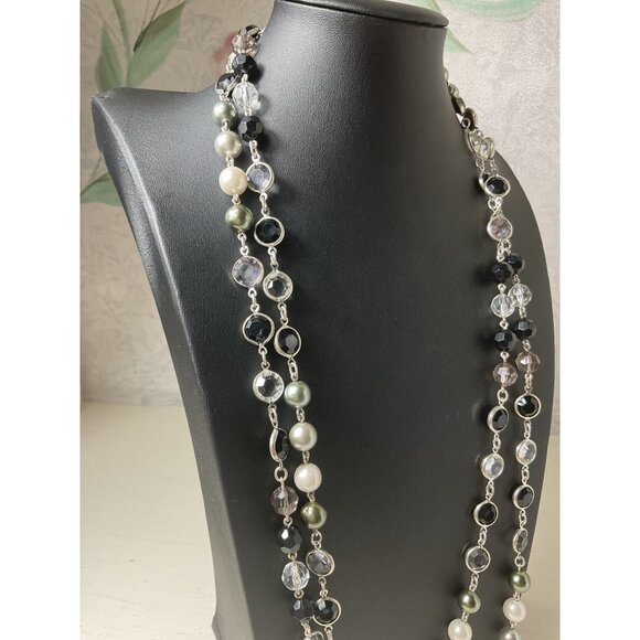 Long Layered Multi-Color Beaded Necklace With Silver-Tone Chain & Lobster Clasp - Picture 3 of 4
